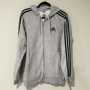 Adidas Gray Full Zip Hoodie Men Size L Classic 3 Stripes Athletic Zip Up Sweater